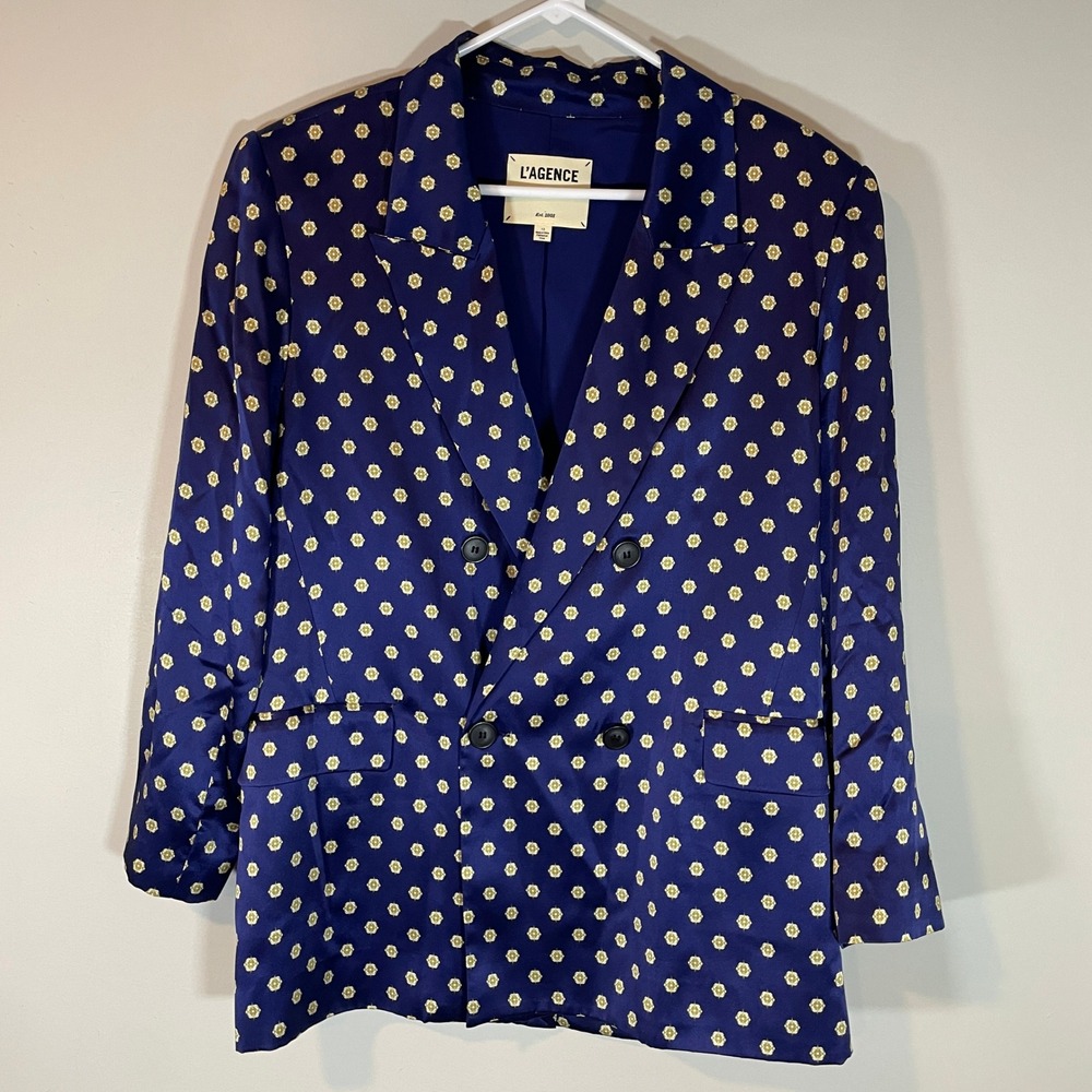 L'AGENCE Taryn Navy Blue Silk Medallion Print Double Breasted Blazer Size 10